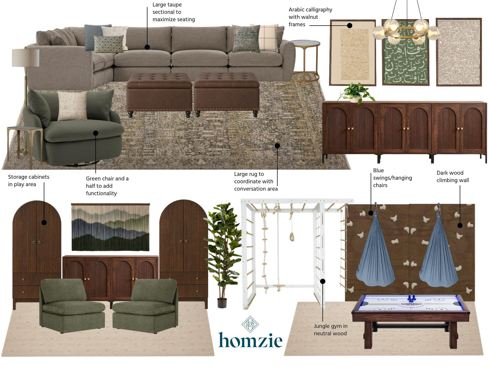 A flex space designed for the whole family. 🤍🌿

This playroom and lounge seamlessly blends style and function with a spacious taupe sectional, a cozy green chair-and-a-half, and a large area rug that defines the conversation space. Dark wood storage cabinets throughout the room create a cohesive look while keeping toys and everyday essentials organized. An air hockey table and blue hanging swing chairs add fun for kids and adults alike, while a coordinating wood climbing wall and optional neutral wood jungle gym create an engaging play space without sacrificing style. Mountain-inspired tassel artwork ties the color palette together, adding warmth and personality to this family-friendly retreat.

#LTKHome #PlayroomDesign #FamilyRoom #FlexSpace #KidsRoom #GameRoom #InteriorDesign #HomeDecor #FunctionalDesign #LTKCreator 

 