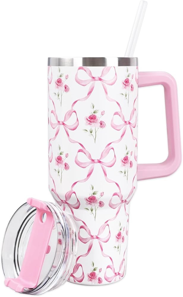 Pink Bow Floral Tumbler with Straw and Lid 40oz Watercolor Bow Flower Stainless Steel Cup with Ha... | Amazon (US)