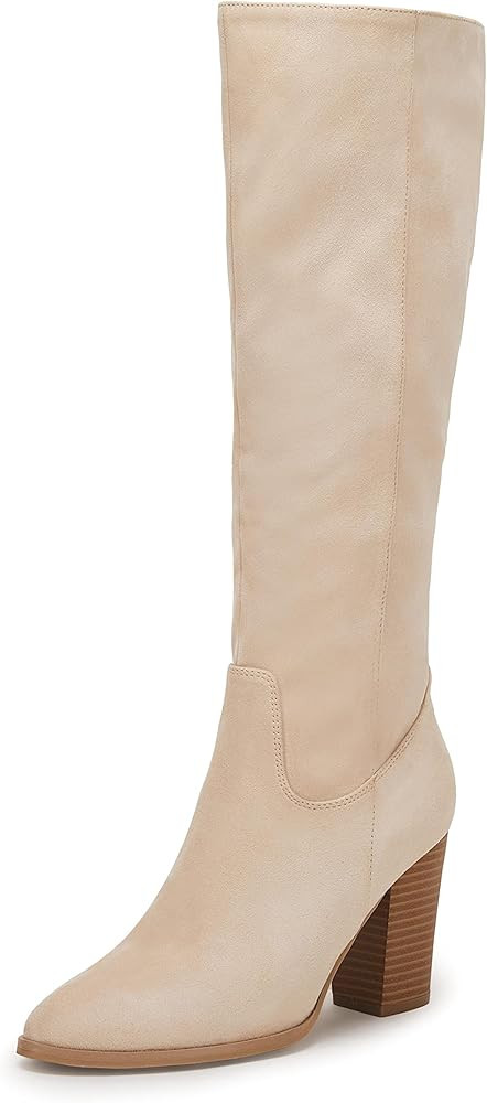 Coutgo Womens Faux Suede Wide Calf Knee High Boots Side Zipper Chunky Heel Stretch Winter Boots | Amazon (US)