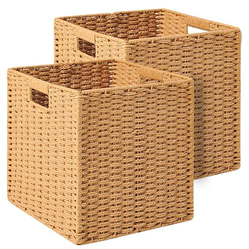ICERZCZ Wicker Storage Cube Bins for Shelves Closet, Paper Rope Woven Baskets for Storage, Cube Storage Organizer Bin, 11"x10.25"x11", 2 Packs, Yellow | Amazon (US)