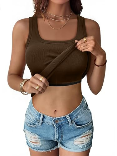 ANRABESS Womens Tank Tops Built in Bra Summer Scoop Neck Sleeveless Basic Tee Ribbed Fitted Casua... | Amazon (US)