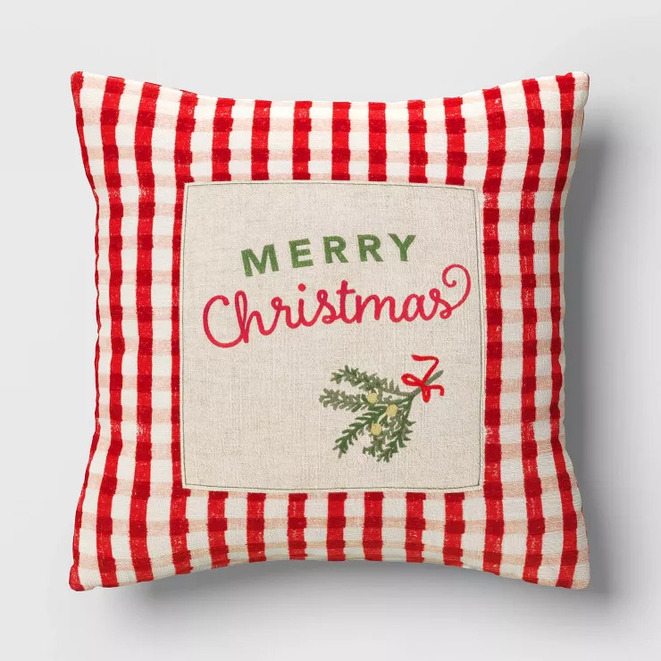 Embroidered 'Merry Christmas' Gingham Square Christmas Throw Pillow Red/White - Threshold™ | Target