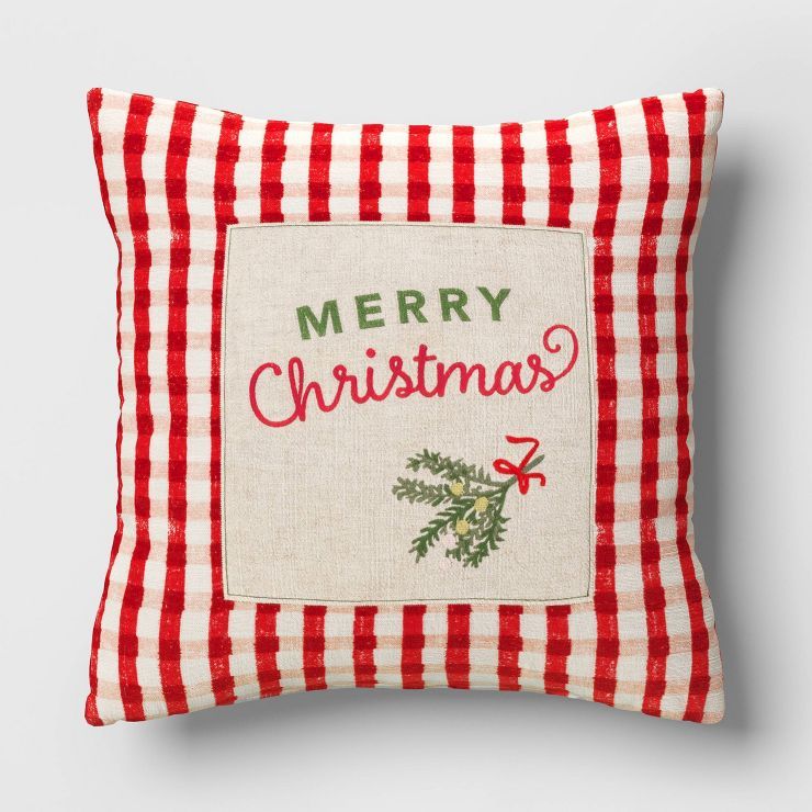 Embroidered &#39;Merry Christmas&#39; Gingham Square Christmas Throw Pillow Red/White - Threshold... | Target
