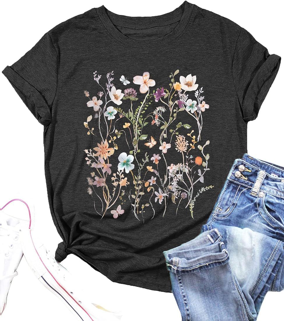 Women Boho Flower T Shirt Vintage Floral Graphic Shirt Botanical Tee Wildflowers Shirts Garden Lo... | Amazon (US)