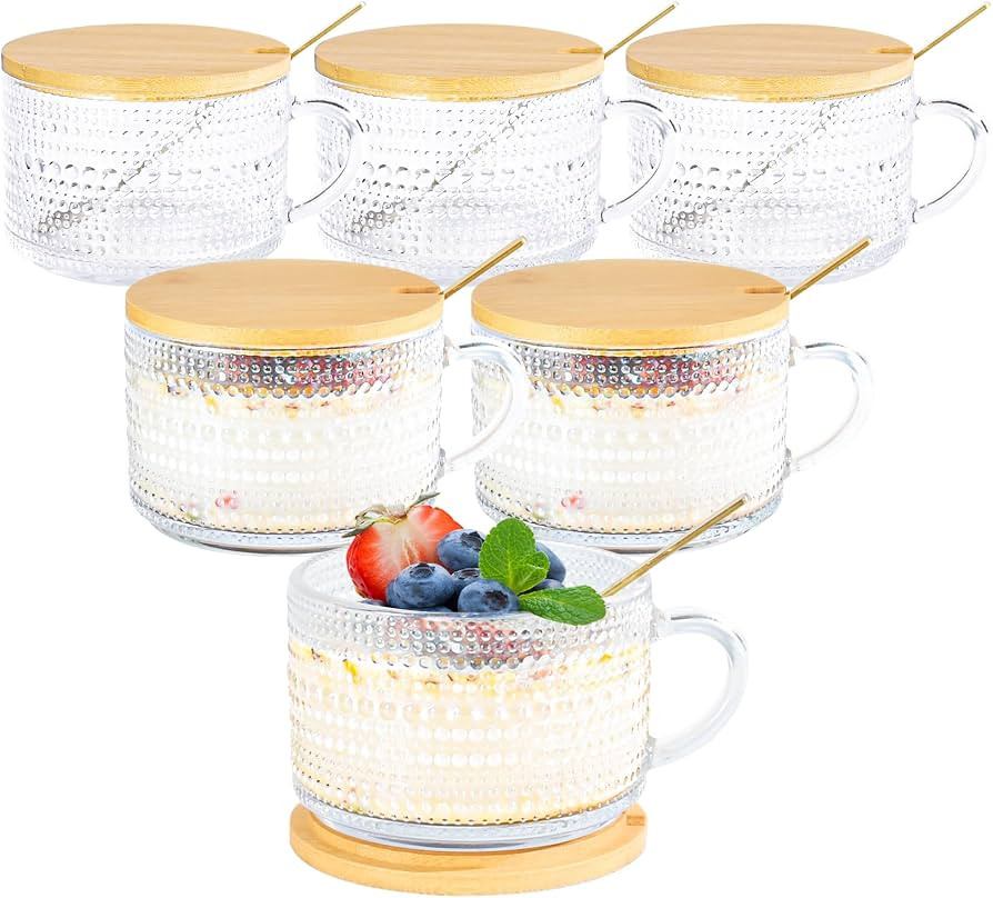 14oz Glass Coffee Mugs Set of 6 Vintage Tea Cup with Handle Lid | Amazon (US)