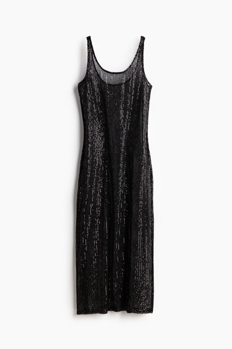 Sequined Fishnet Dress - Low-cut Neckline - Sleeveless - Black - Ladies | H&M US | H&M (US + CA)