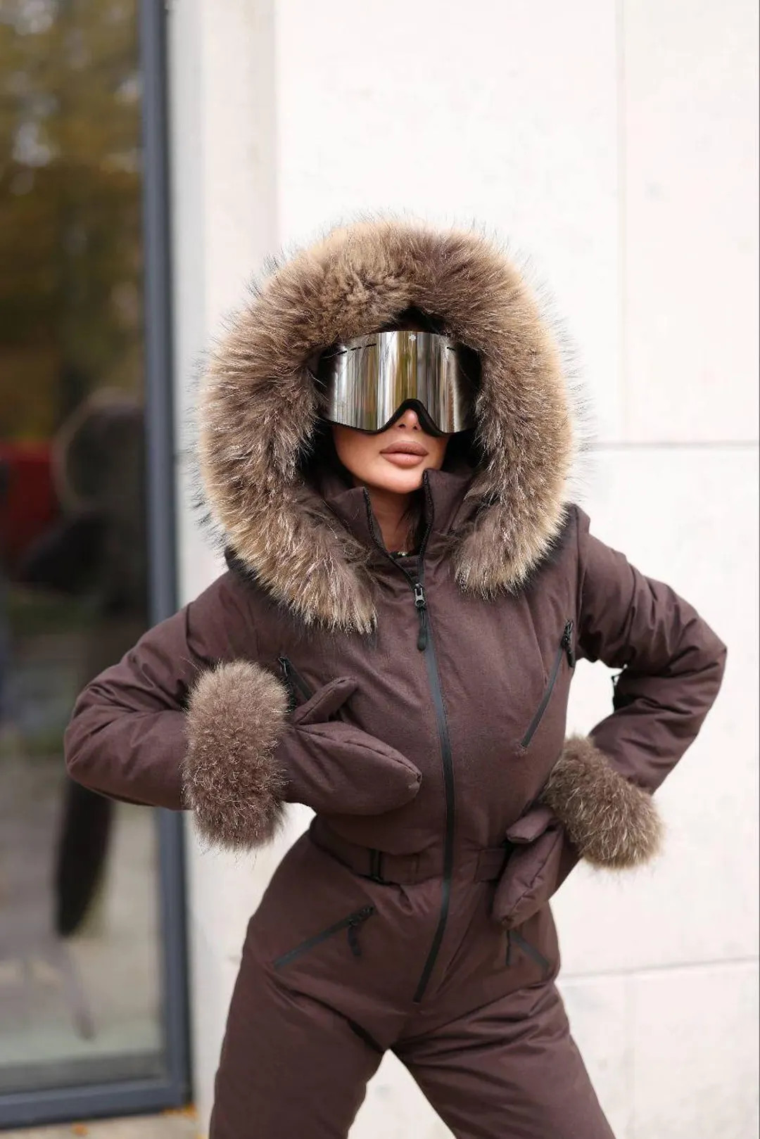 Women Brown Ski Jumpsuit With Genuine Fur Trim, Warm Winter Snow Outfit, Insulated Ski Suit for C... | Etsy (US)