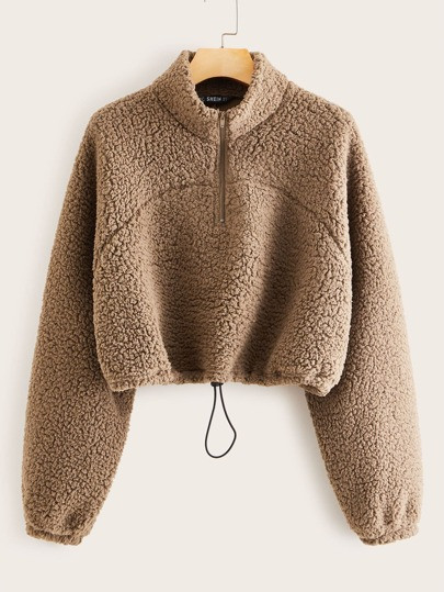 SHEIN Zip Half Placket Teddy Sweatshirt | SHEIN