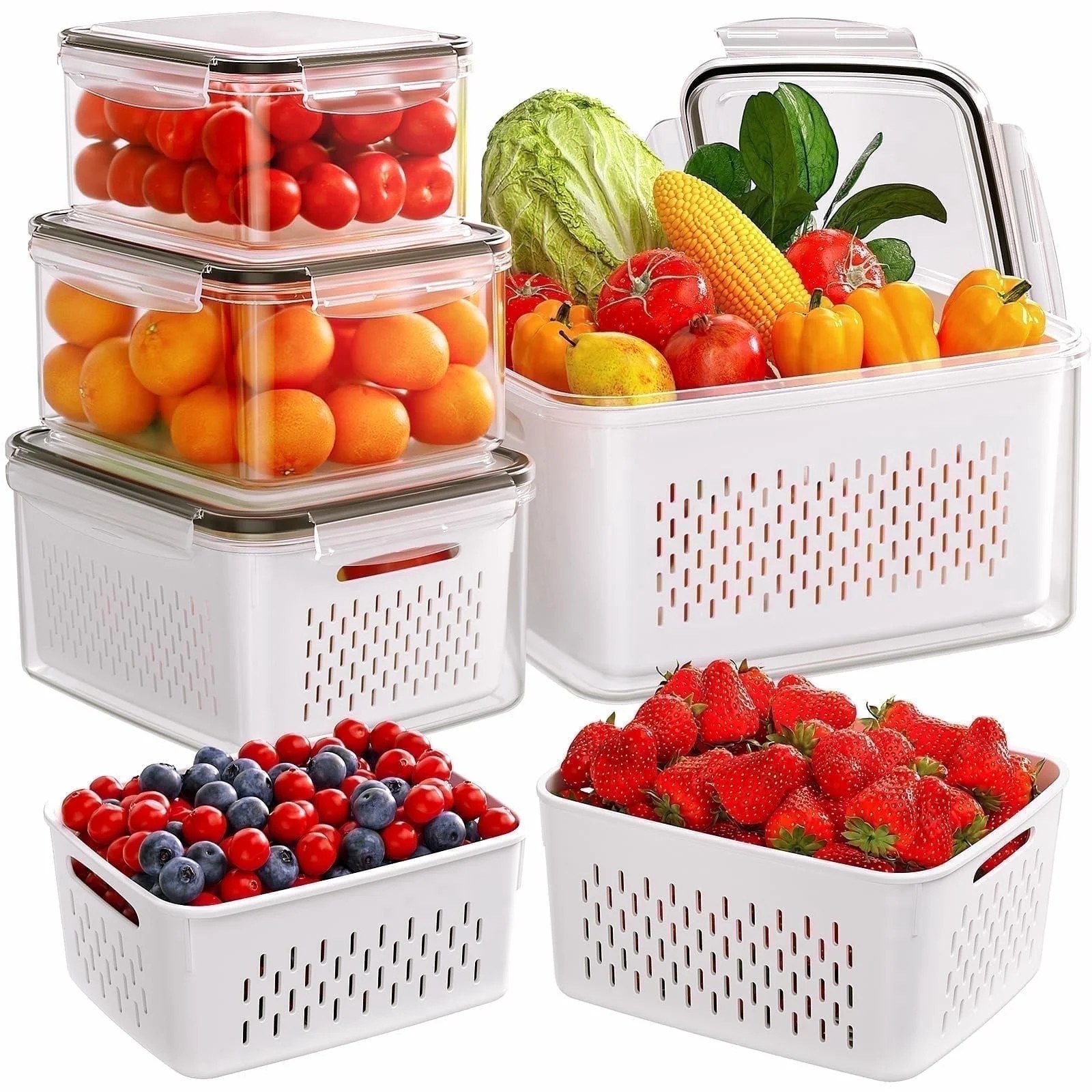 5 Pack Fruit Storage Containers for Fridge with Removable Colanders and Lids, 5 in 1 Leakproof Fridge Organizer Bins for Salad Berry Lettuce Vegetables Meat Keeper Fresh | Walmart (US)