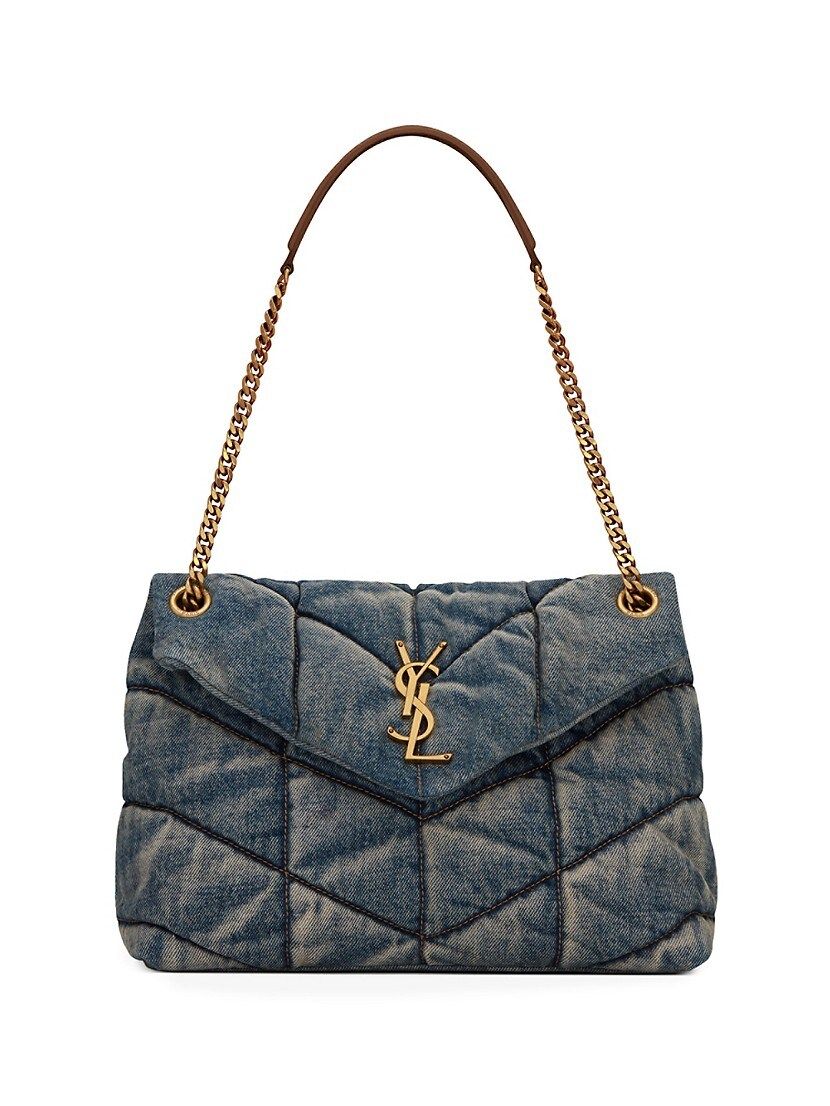 Puffer Medium Chain Quilted Denim and Suede Crossbody Bag | Saks Fifth Avenue