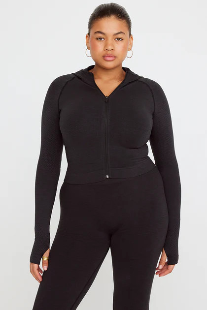 SCULPT SEAMLESS ZIP THROUGH HOODIE JACKET- BLACK MARL | TALA (UK)