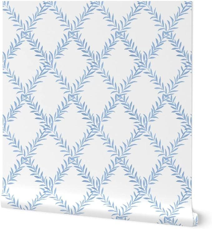 Spoonflower Peel & Stick Wallpaper 6ft x 2ft - Blue Trellis Botanical Fern Floral Geometric Latti... | Amazon (US)