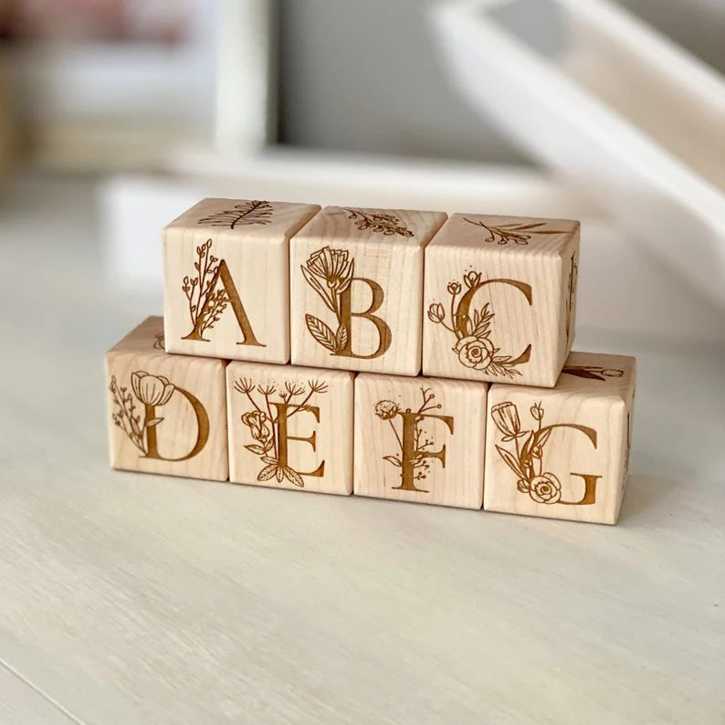 Floral Wood Blocks | Personalized Name Blocks | Custom Name Blocks | Handmade Wood Blocks | Flora... | Etsy (US)