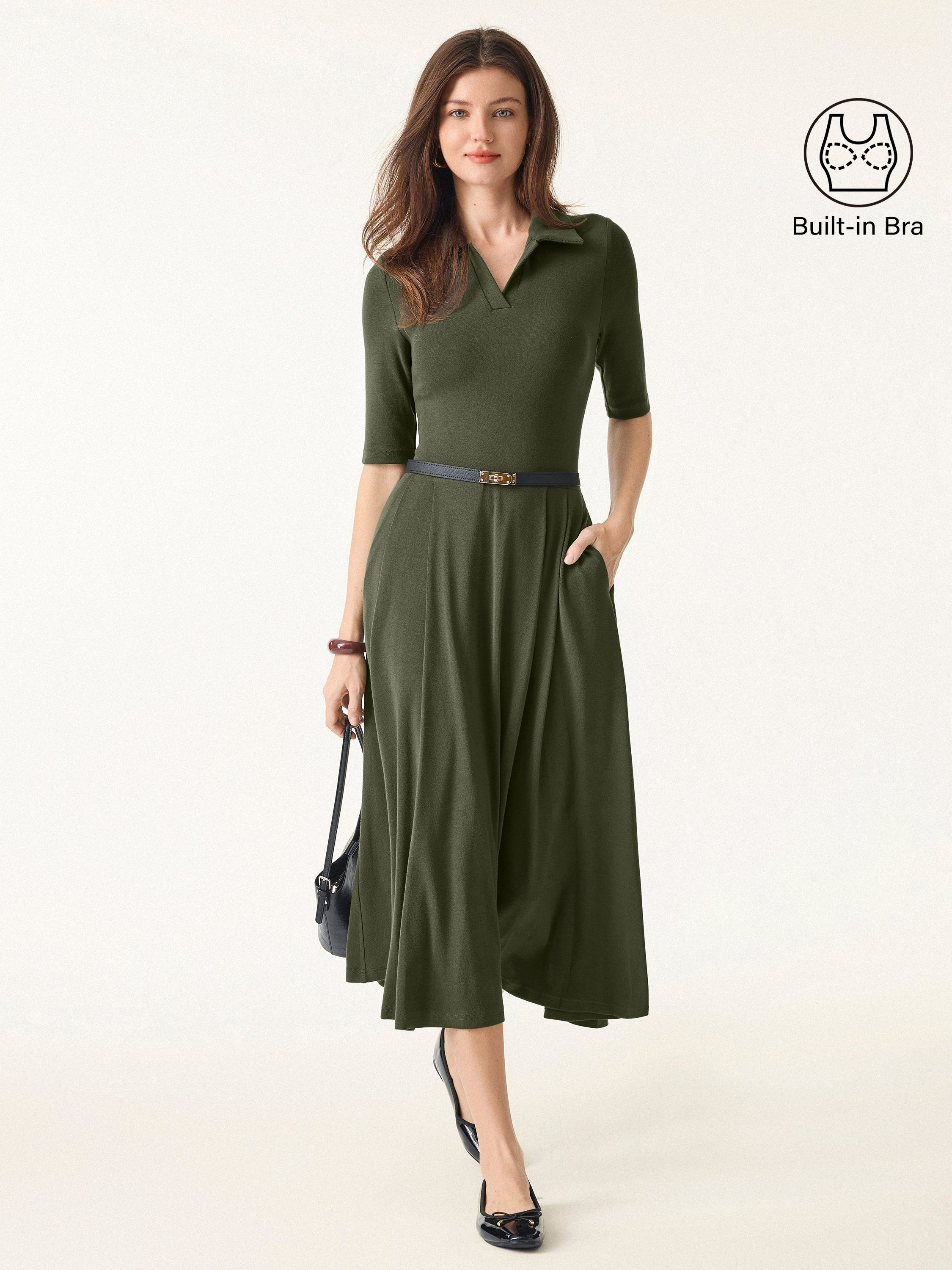 Polo Neck Elbow Length Sleeve Midi Bra Dress with Pockets | OGLmove