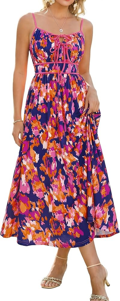 GRACE KARIN 2026 Women's Summer Maxi Floral Dress, Spaghetti Strap Tie Front Boho Sundress with P... | Amazon (US)