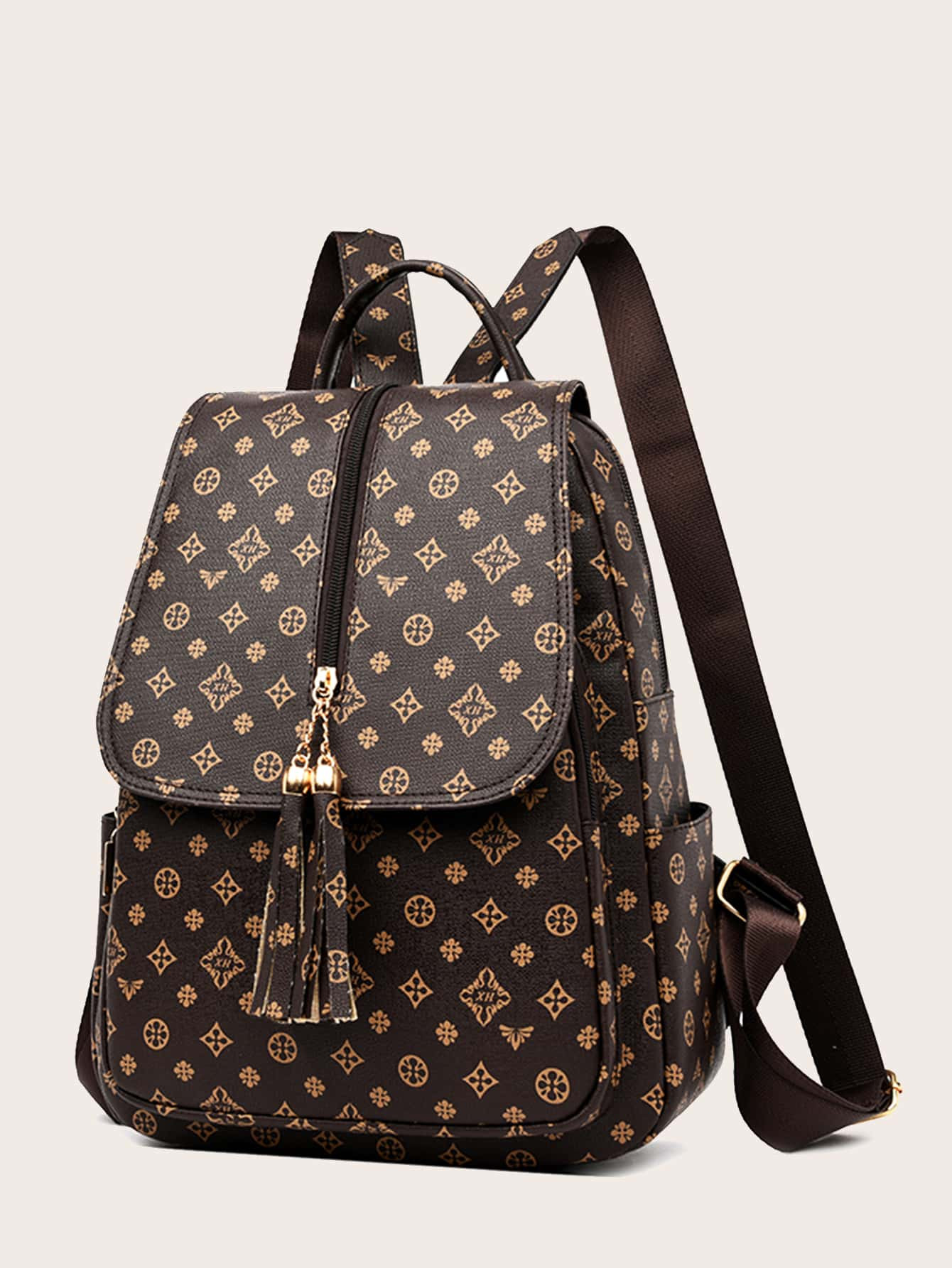 Tassel Decor Geometric Graphic Flap Backpack | SHEIN