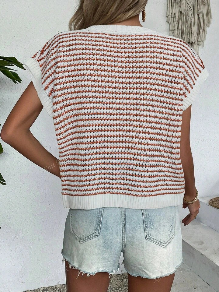 Knit Mix Women's Casual Knit Sleeveless Round Neck Hollow-Out Loose T-Shirt, Color Block Striped ... | SHEIN