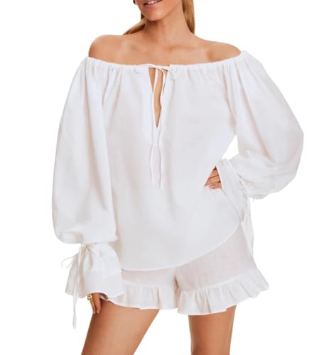 ROAONOCOMO Women Ruffle Pajama Set Long Puff Sleeve Babydoll Shirt Lace Trim Coquette Shorts Set Gingham 2 Piece Pj Outfit | Amazon (US)