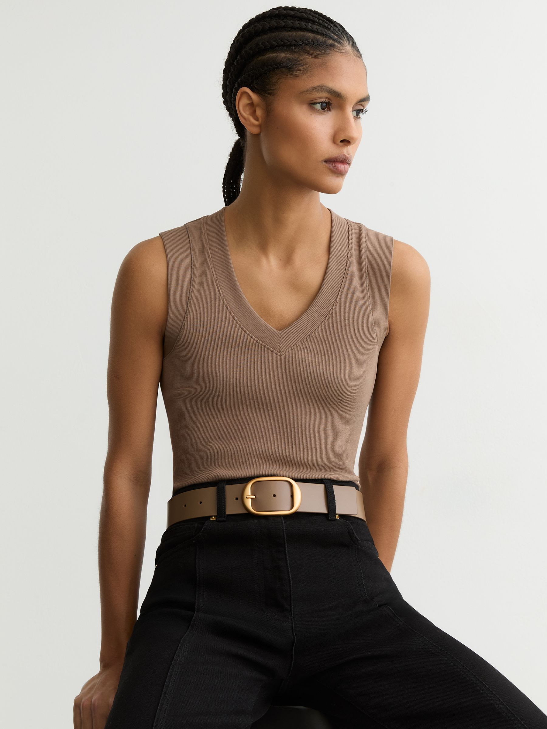 Reiss Leather Oval-Buckle Belt in Taupe | REISS | Reiss US