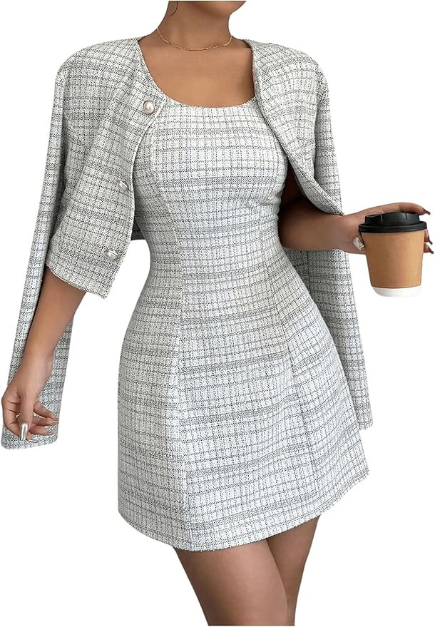 SOLY HUX Women's 2 Piece Outfits Plaid Long Sleeve Button Down Cropped Jacket and Sleeveless Mini... | Amazon (US)