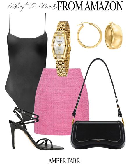 Hot pink and black date night outfit for summer or spring! Hot pinks tweed skirt, black bodysuit and gold accessories. 

#LTKover40 #LTKfindsunder100 #LTKfindsunder50