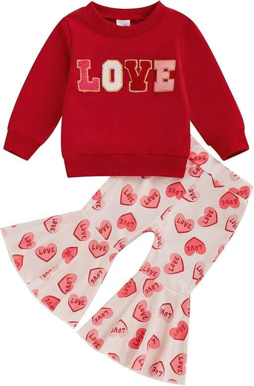 Toddler Girl Valentine's Day Outfits Bow Heart Long Sleeve Sweatshirt Bell Bottom Pants Set Cute ... | Amazon (US)