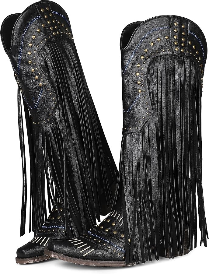 Women's Cowboy Boots Fringe Boots Cowgirl Boots Studded Chunky Middle Heel Tassel Knee High Boots... | Amazon (US)