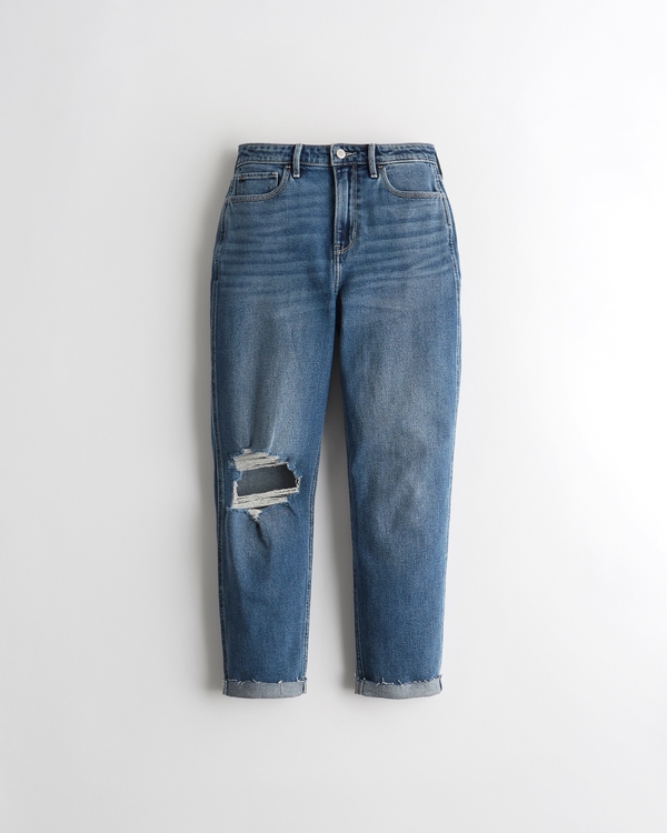 Ultra High-Rise Ripped Medium Wash Mom Jeans | Hollister (US)