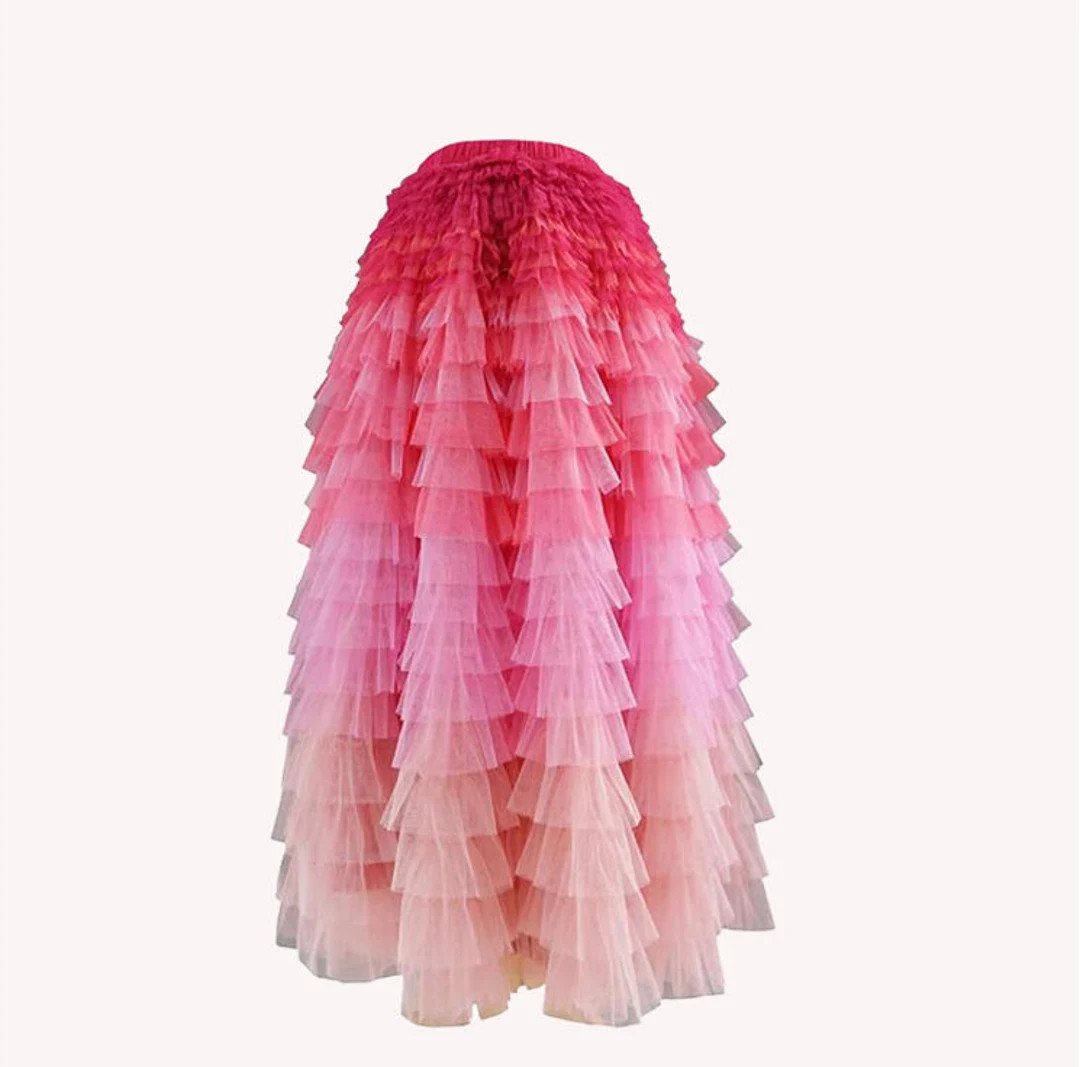 Tiered Ruffled  Pink gradient Pleated Tulle Skirt,elastic high waist skirts,Ruffled Fairy skirt,C... | Etsy (US)