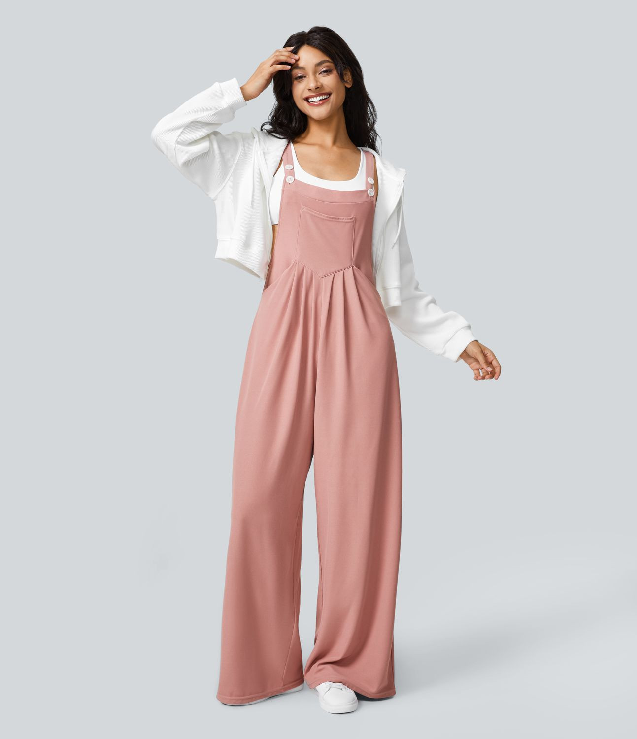Women’s Adjustable Strap Button Multiple Pockets Plicated Waffle Casual Overalls - Halara | HALARA