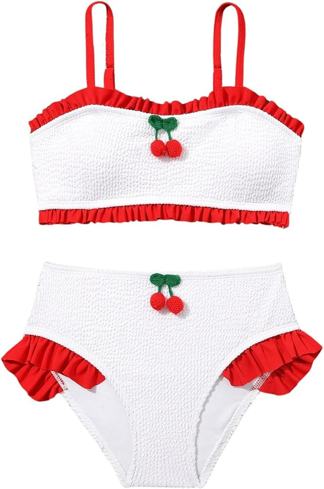 MakeMeChic Girl's Cherry Bikini Set Colorblock Ruffle Trim Cute Swimsuits 2 Piece Bathing Suit | Amazon (US)