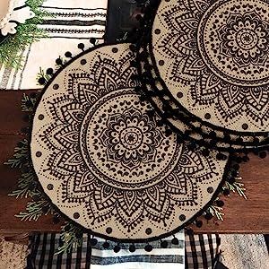 Collive Boho Round Placemat 15 Inch - Farmhouse Woven Jute Fringe Table Mats Set of 4 with Pompom... | Amazon (US)