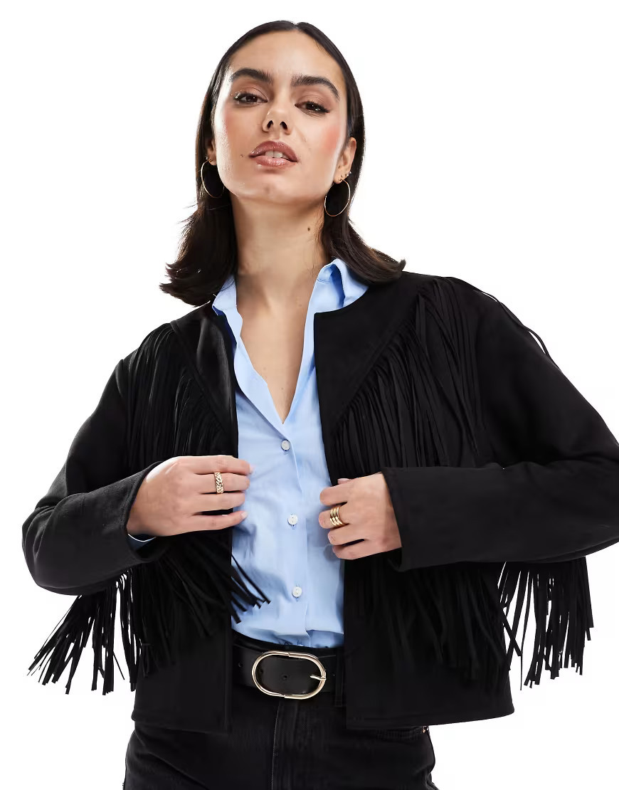 New Look fringe collarless suedette jacket in black | ASOS (Global)