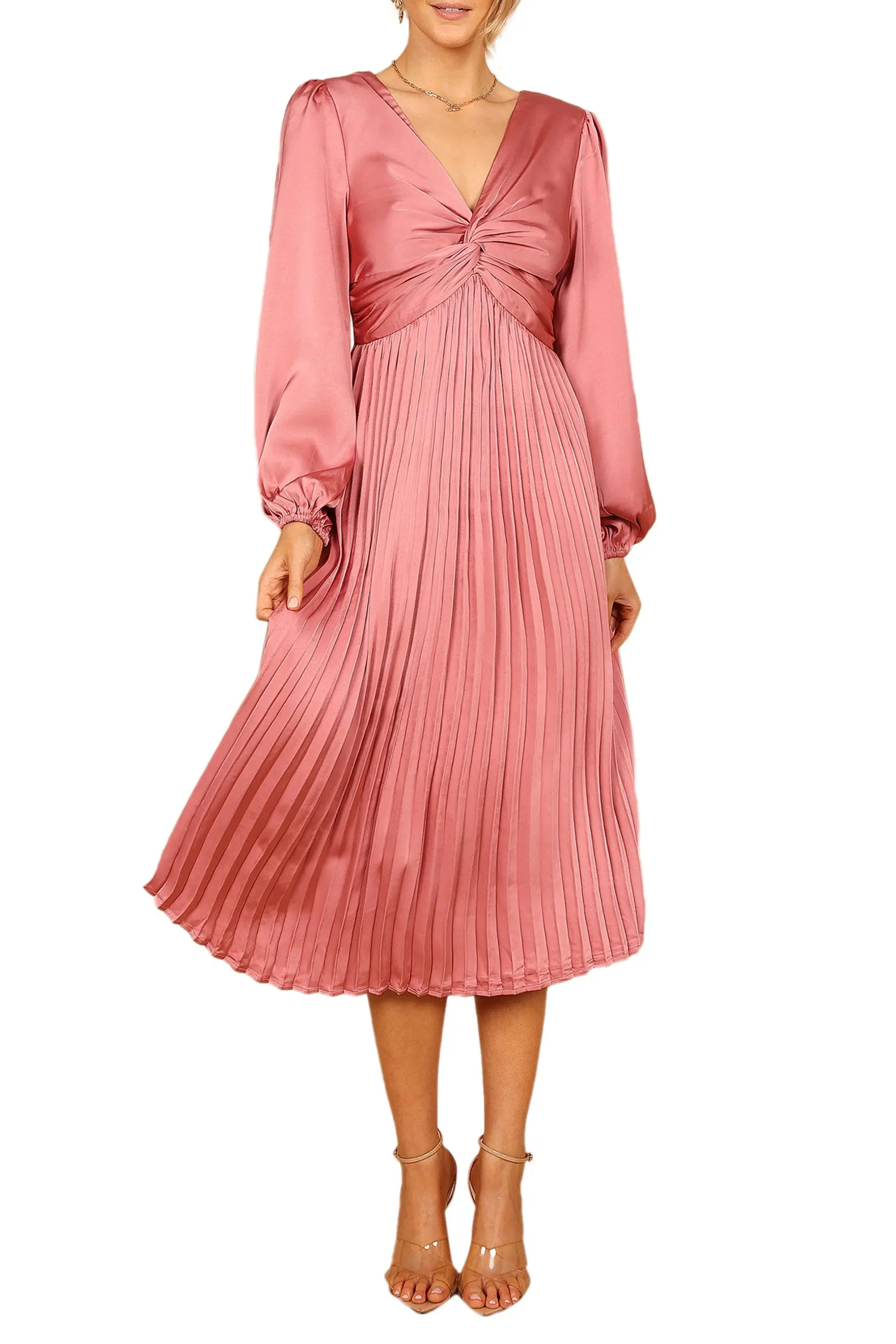 Petal & Pup Noelle Long Sleeve Pleated Satin Midi Dress (Women) | Nordstrom | Nordstrom