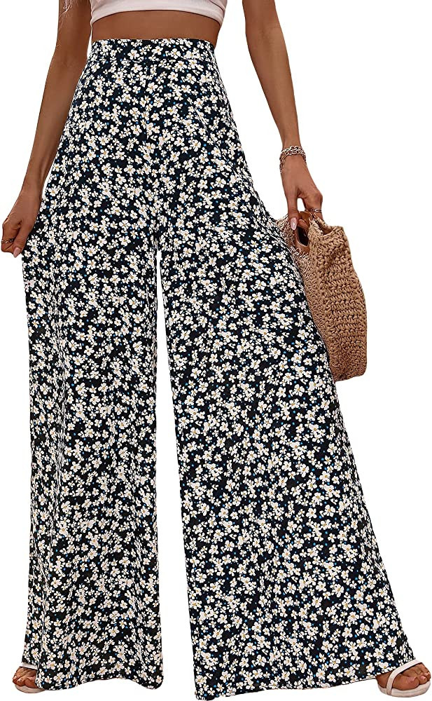 MakeMeChic Women's Palazzo Pants Casual High Waist Flowy Loose Wide Leg Pants | Amazon (US)