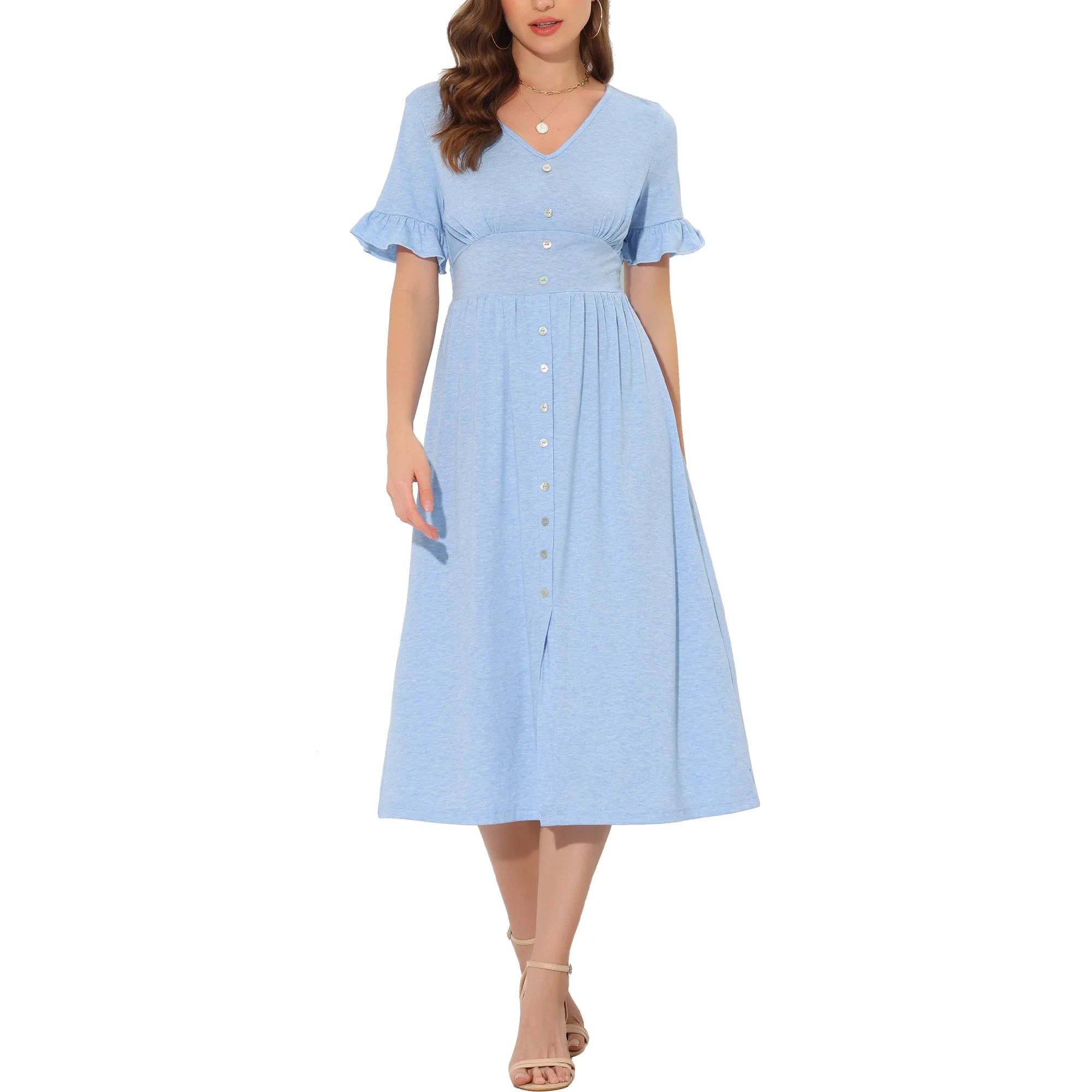 Allegra K Women's Summer Casual V Neck Button Flutter Sleeve Smocked High Waist Midi Dress | Walmart (US)