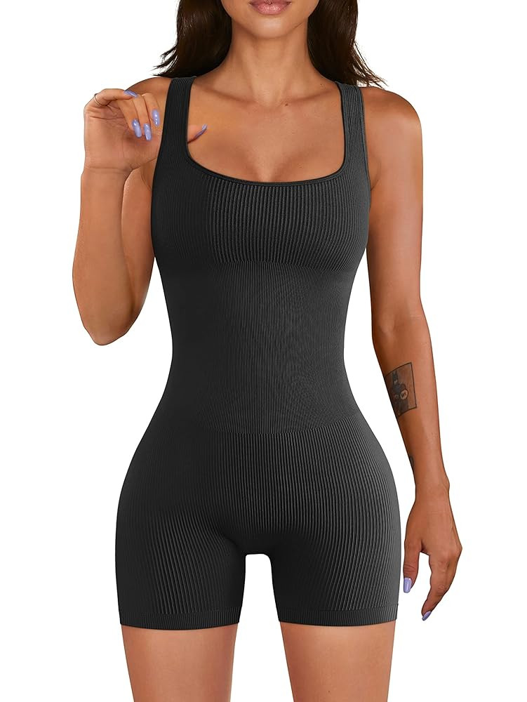 Women Workout Romper Yoga Ribbed Square Neck One Piece Seamless Tank Top Jumpsuit | Amazon (US)