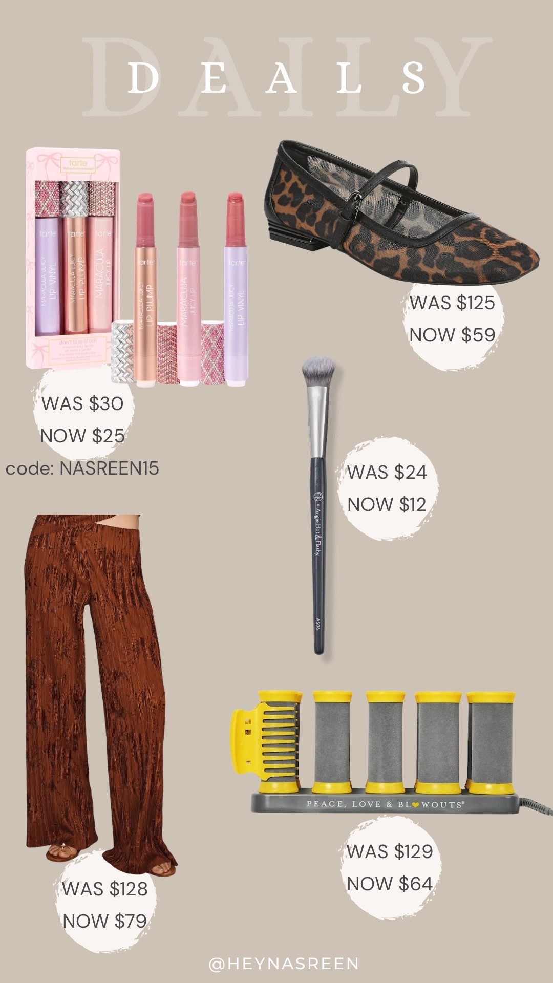 Daily deals on Tarte juicy lip set, Franco Sarto flats, BK Beauty brush, Drybar hot rollers, Anthropologie pants