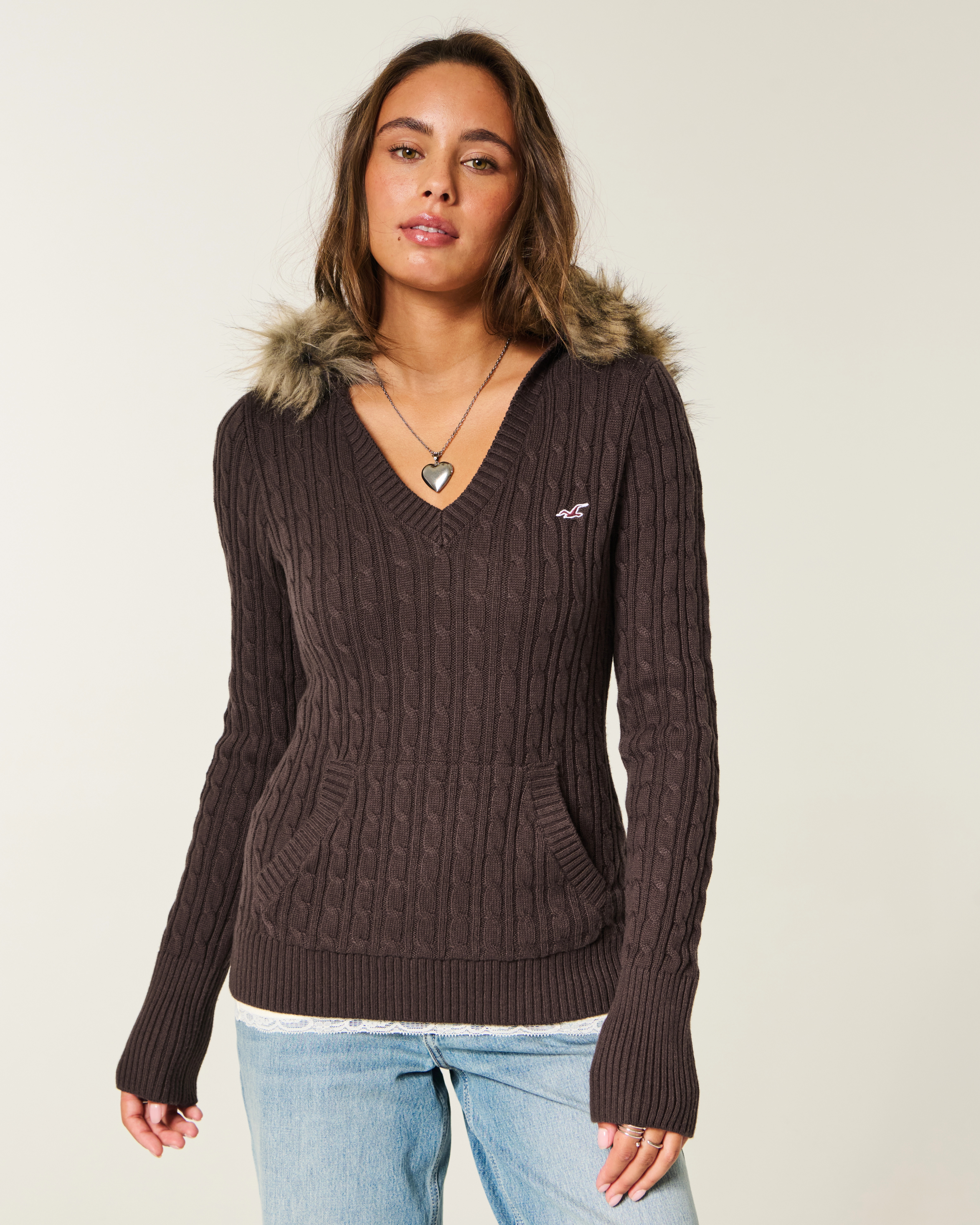 Faux Fur Trim Hooded Cable-Knit Sweater | Hollister (US)