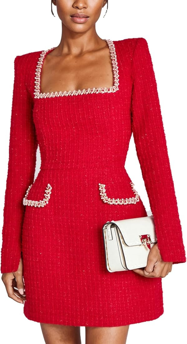 LETSVDO Women's Elegant Tweed Dress Long Sleeve Square Neck Pearl A Line Classy Formal Party Mini... | Amazon (US)