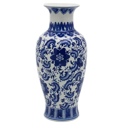 24" Blue And White Floral Porcelain Fishtail Vase | Wayfair North America