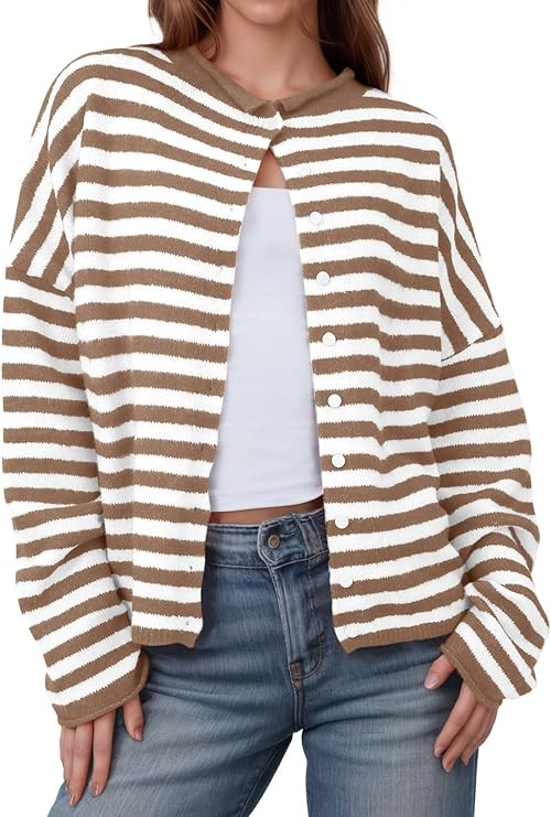 Saodimallsu Womens Striped Cardigan Casual Long Sleeve Open Front Button Down Loose Knit Lightwei... | Amazon (US)