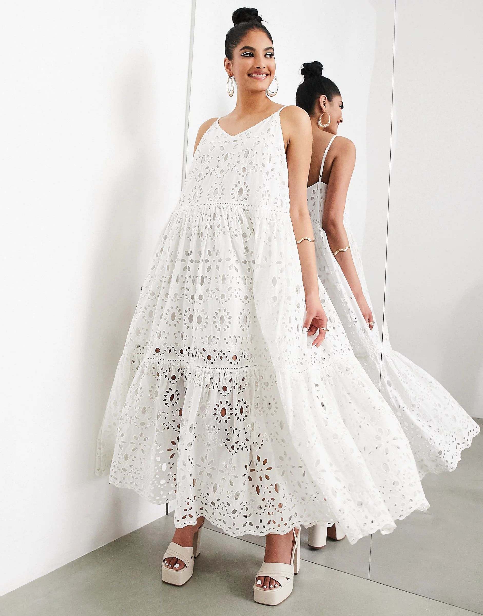 ASOS EDITION strappy cami tiered eyelet maxi dress in white | ASOS (Global)