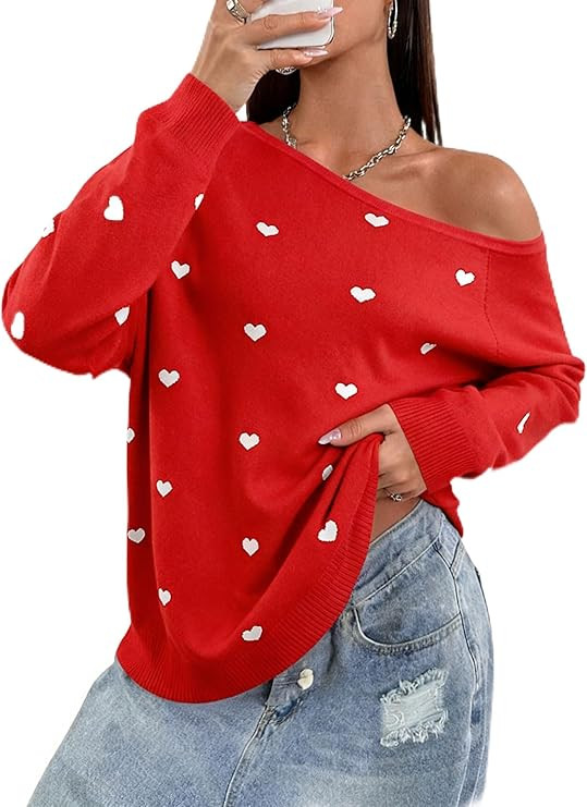 MNLYBABY Off The Shoulder Knitted Graphic Sweater Drop Shoulder Sweatshirt Loose Pullover Casual ... | Amazon (US)