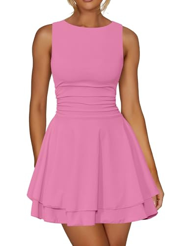 Amazon.com: Kaximil Women's Ruffle Hem Boat Neck Mini Dress Sleeveless Ruched Corset Short Party ... | Amazon (US)