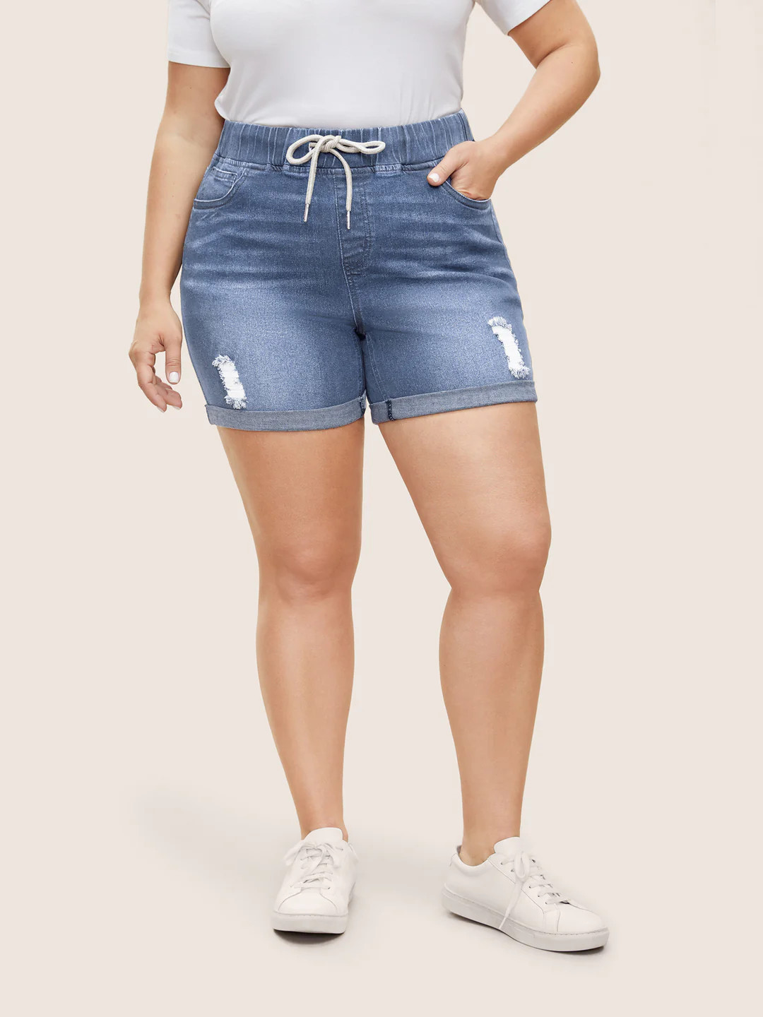 Distressed Drawstring Roll Hem Denim Shorts | Bloomchic