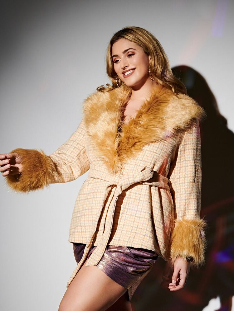 SHEIN Plus Fuzzy Panel Waterfall Collar Plaid Belted Overcoat | SHEIN