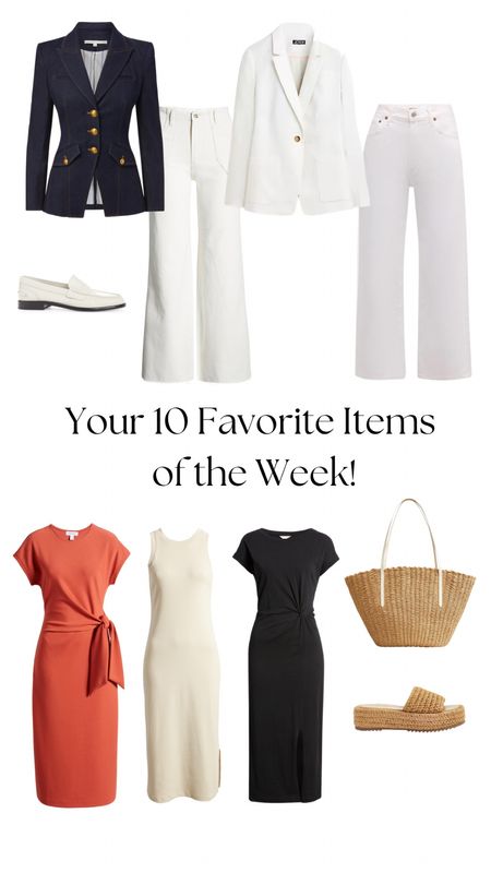 Your ten favorite items of the week.  The Nordstrom dresses continue to be favorites! Raffia bags will hold your essentials, and these slides are trending for warmer days and vacay. 2 jeans, the Paige Anessa and Agolde Harper, were both favorites this week. The denim blazer is so 
chic and on sale!The white blazer from J.Crew is classic. 

All items fit tts.  Lastly, the white loafer is
cute and comfy.  They run big so size down.  

Let me know if you have questions! 😊

#LTKsalealert #LTKSeasonal #LTKover40