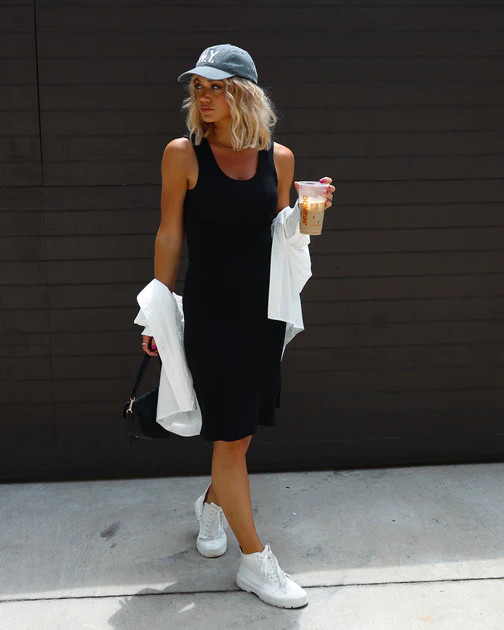 Lorena Cotton Blend Ribbed Side Slit Midi Dress - Black | VICI