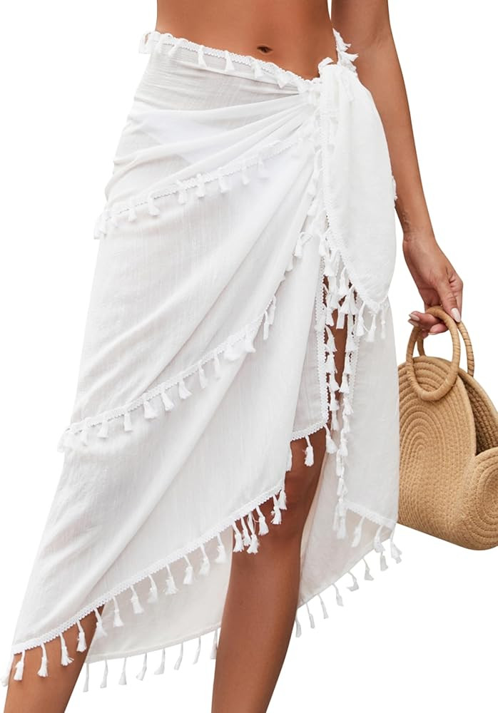 Eicolorte Beach Sarong Pareo Womens Semi-Sheer Swimwear Cover Ups Short Skirt with Tassels | Amazon (US)